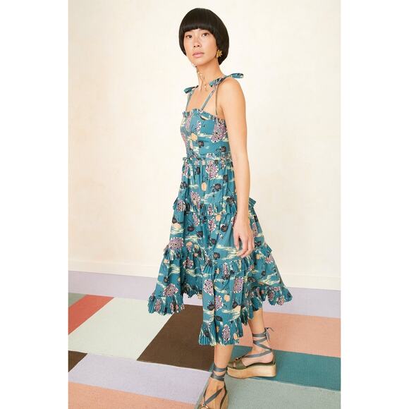 ULLA JOHNSON Green Lune Floral Tiered Ruffled Tied Straps Midi Dress Size 0 - Picture 1 of 11